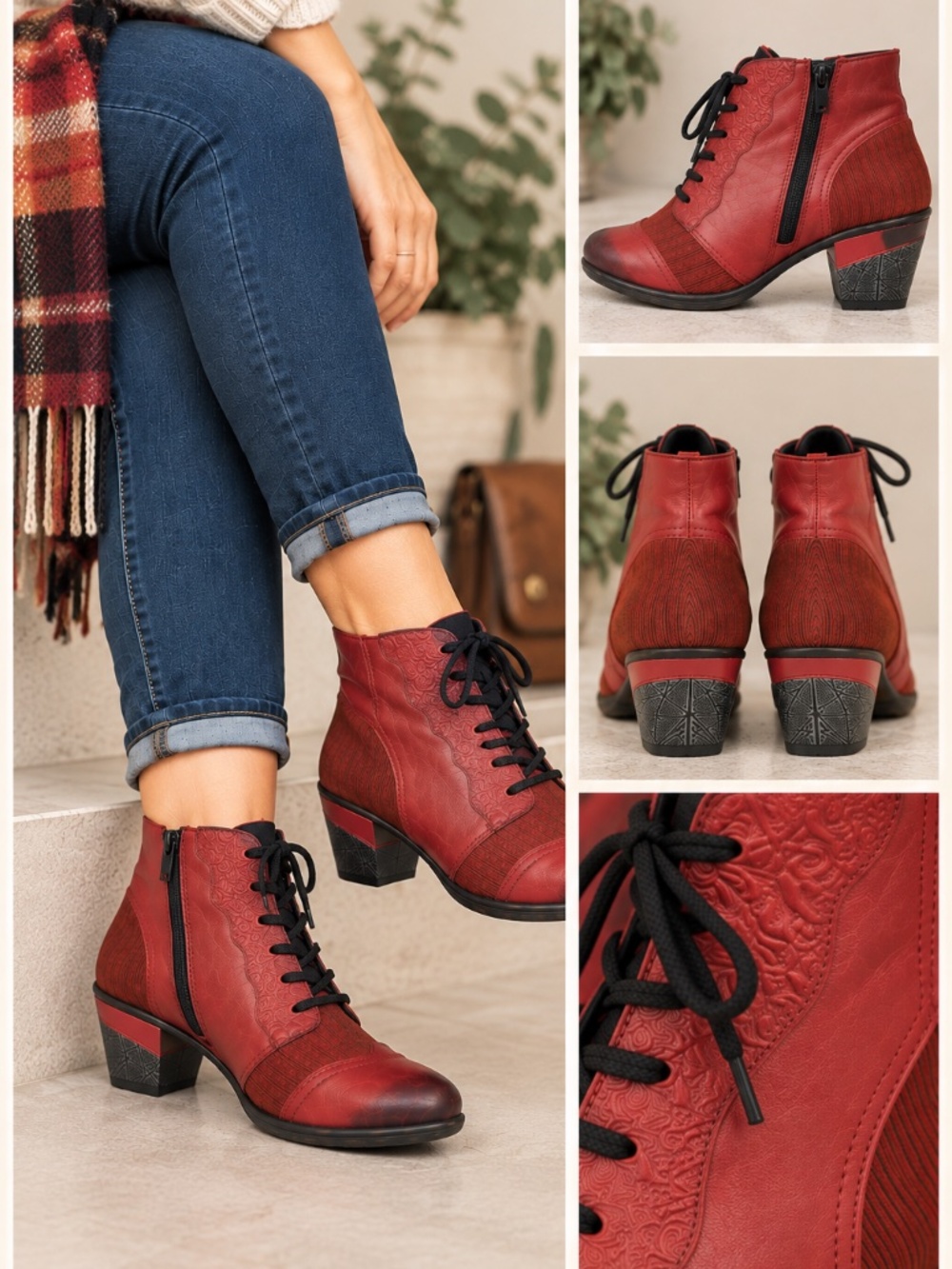 Remonte Red Leather Ankle Boots Lace Up Zip EU 38 US 7.5-8